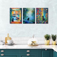 MUWAK Framed Funny Monet Black Cat Canvas Wall Art – Whimsical Matisse Cat