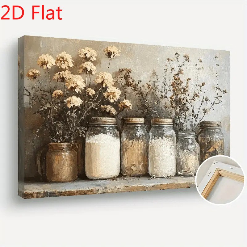 Mason Jar Dried Flower Vintage Canvas Art, Neutral Farmhouse Kitchen Wall Decor