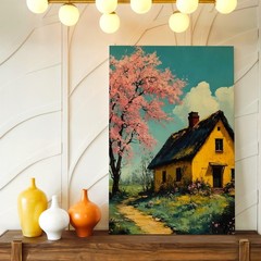 Wall Art Yellow Cottage Painting Pink Blossom Tree Landscape Rustic Home Decor