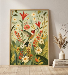 Colorful Hummingbird Poster Abstract Floral Art Print Spring Nature Gift for Her