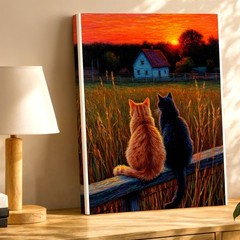 Wall Art Cats on Fence Sunset Country Farmhouse Field Landscape Canvas Print