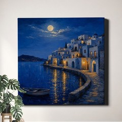 Moonlit Coastal Village Canvas Art Blue Ocean Night Houses
