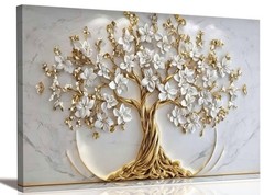 Tree of Life Canvas Wall Art, Gold White Flowers, 32x16in