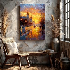 Wall Art City Street Sunset Painting Rainy Urban Landscape Canvas Print Decor