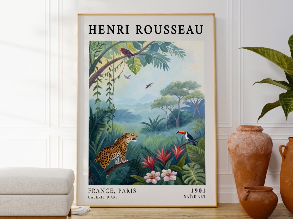 Henri Rousseau Jungle Poster, Exotic Animal Botanical Wall Art Print