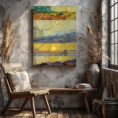 Set Of 5 Vintage Canvas Wall Art Farm Landscape Scenes With Sun And Figures