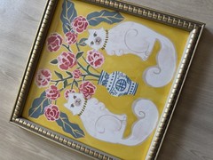 SAPNA SHAH Blue White Chinoiserie Pink Flower Filled Vase Cat Framed