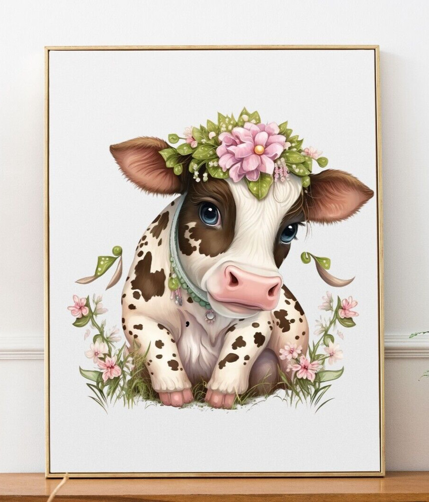Cow Wall Art Print, Cow And Pink Flowers Art Print, Farmhouse Wall Art Decor