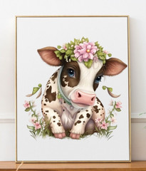 Cow Wall Art Print, Cow And Pink Flowers Art Print, Farmhouse Wall Art Decor