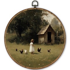 Vintage Farmhouse Chicken Girl Round Wall Art Decor Framed 10×10, Rustic Coun…