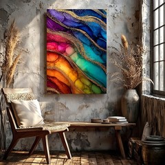Wall Art Abstract Alcohol Ink Painting Colorful Gold Glitter Waves Canvas Print