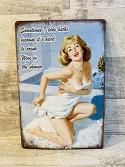 Bath Metal Poster Sign Pinup Girl In Towel Bathroom Vintage Look NEW Sexy 8×12