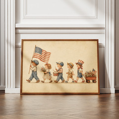 Patriotic 4th of July Kids Parade Poster Vintage American Flag Wall Art Print