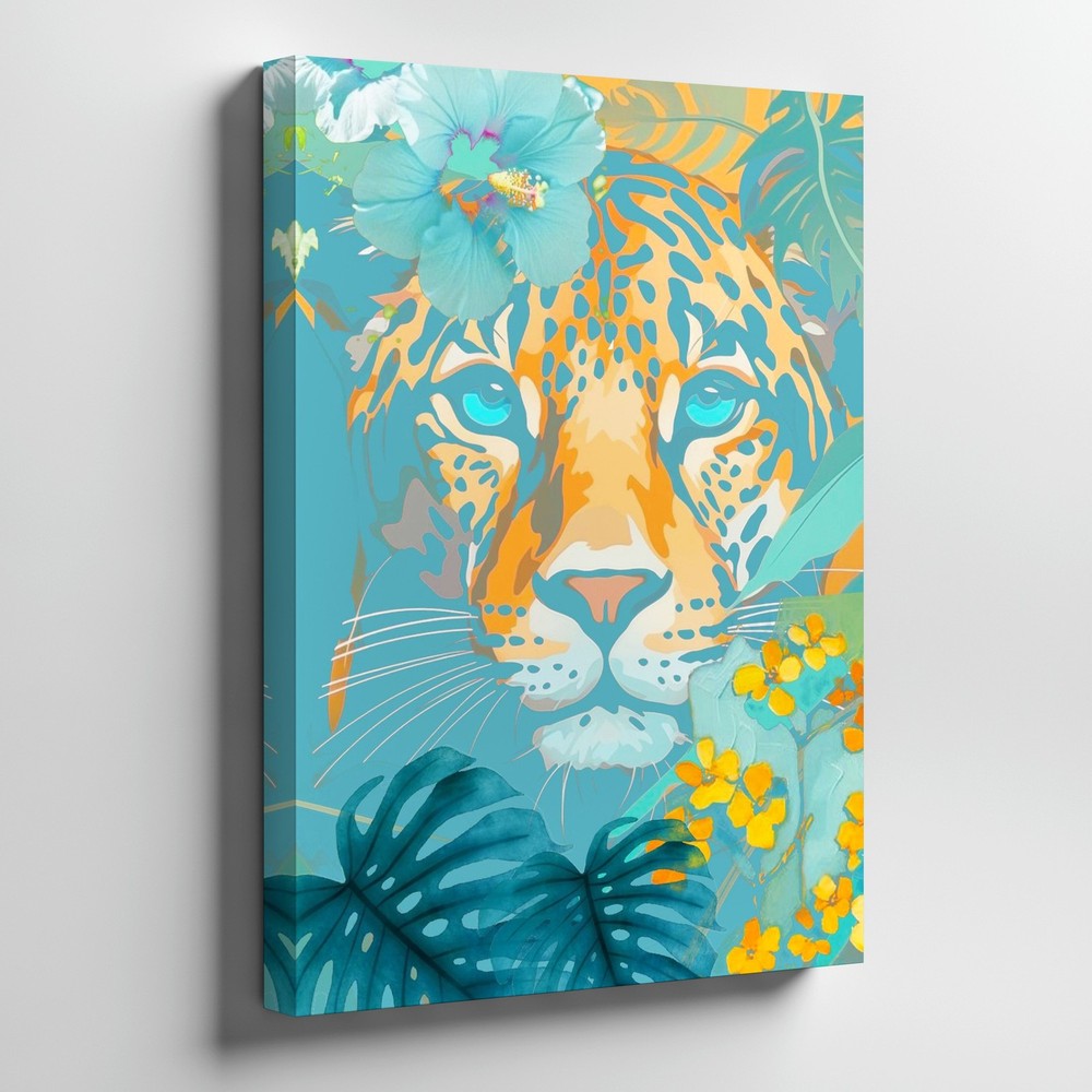 Tropical Jungle Leopard Canvas Wall Art Blue Orange Floral Exotic Animal Print
