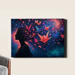 Surreal silhouette with origami crane burst Poster Print