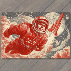 Art Print Retro Soviet Cosmonaut CCCP Rocket Space Propaganda