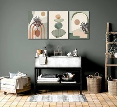 3Pcs Mid-Century Modern Boho Abstract Canvas Wall Art — Neutral Green Bohemian..