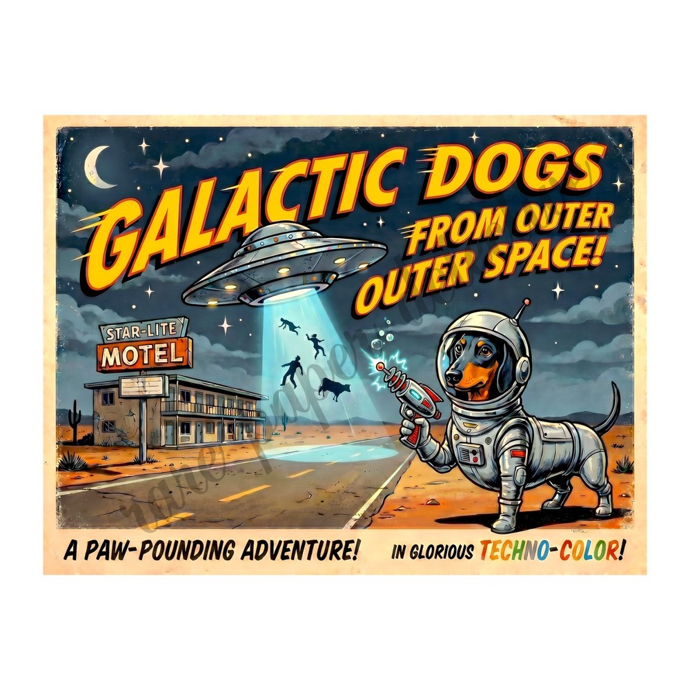 Retro Movie Poster, Classic 1950s Cinema Print, Galactic Dogs, 8″ x 10.5″