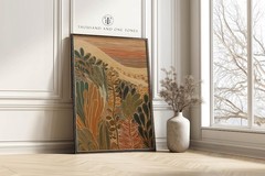 Abstract paintings on terracotta, modern botanical paintings in earthy tones.