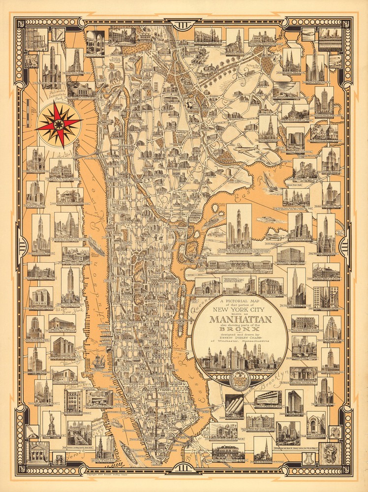 Early Pictorial Map Manhattan Bronx New York Wall Poster Print Vintage History