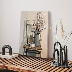Rustic Chair Pitcher Floral Still Life Canvas Wall Art, Neutral Farmhouse Decor