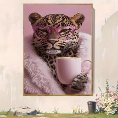 Framed Canvas Fashion Leopard Pink Glasses Fur Coat Coffee Funny Decor