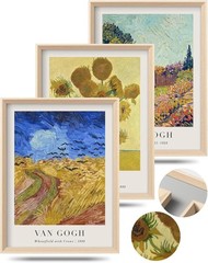 Iconic Van Gogh Framed Art Prints 3pc 12x16in Sunflowers Wheatfield Living Room