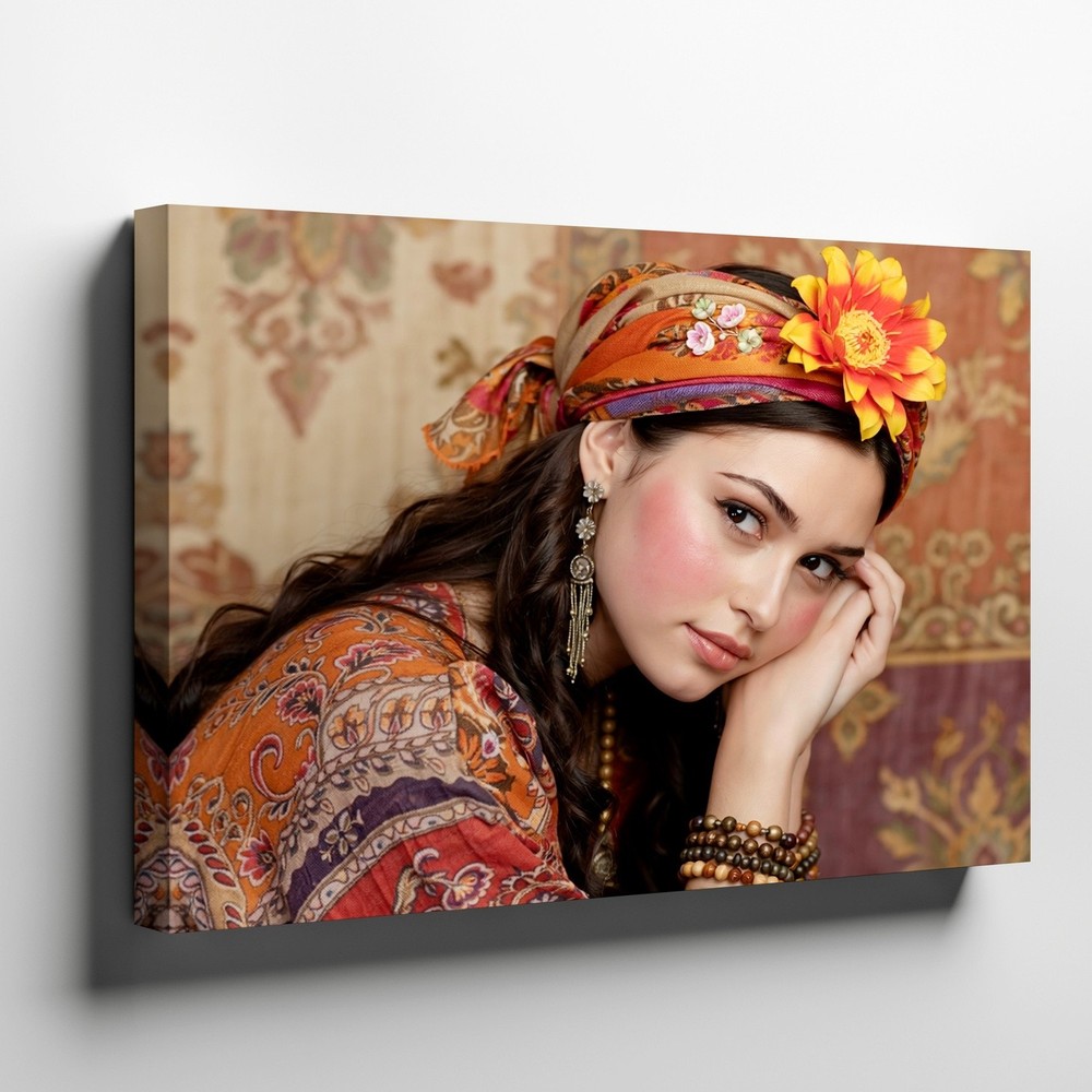 Bohemian Woman Portrait Canvas Wall Art Colorful Headscarf Floral Print Decor