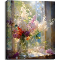 Colorful Flower Framed Canvas Wall Art, Watercolor Floral Bathroom Wall Decor
