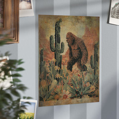 Vintage BIGFOOT Western Wall Art, Sasquatch Cactus Flower Poster, Cryptid Decor