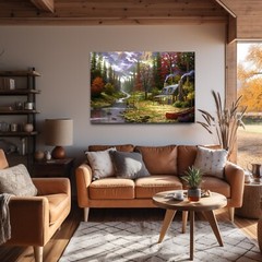 Vintage Rustic Cabin Fly Fishing Autumn Forest Painting Canvas Wall Art Print