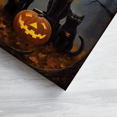 Framed Canvas Three Black Cats Full Moon Pumpkin Fall Dark Forest Vintage Art