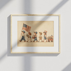 Patriotic 4th of July Kids Parade Poster Vintage American Flag Wall Art Print