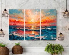Abstract Coastal Horizon Sunset 3 Panel Large Canvas Prints Seascape Modern Art