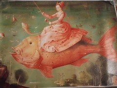Woman Fishing Riding Large Gold Fish Art Print, Horizontal Canvas