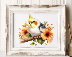 Cockatiel Wall Art Print, Cute Cockatiel and Yellow Flowers Wall Art Decor Print