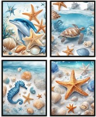 Ocean Animal Seahorse Sea Turtle Starfish Dolphin Seashell Wall Art Poster Se…