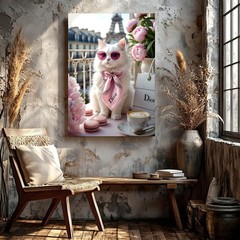 Wall Art White Cat in Pink Sunglasses Bow Paris Balcony Floral Fashion Print