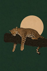 Sleeping Leopard Poster Forest Green Full Moon Art Print Boho Jungle Wall Decor