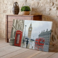 London rainy street scene canvas wall art red telephone booth double decker bus