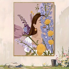 Framed Canvas Floral Covered Woman Purple Larkspur Boho Minimal Decor