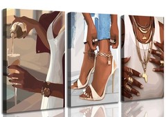 3 Pcs African American Woman Canvas Wall Art Fashion White High Heels Cocktai…