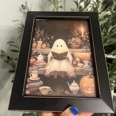 Halloween Tabletop Decor Ghost Reading & Tea Time Black Framed Print