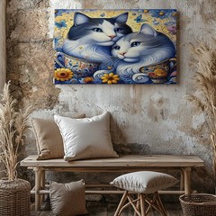 Blue and White Cats in Colorful Teacups with Flowers and Butterfly Canvas Art