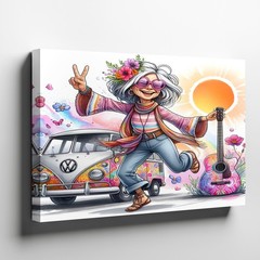 Bohemian Hippie Grandma Canvas Wall Art Colorful VW Bus Guitar Peace Vibes Print