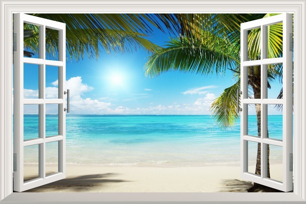 Wall26 White Sand Beach with Palm Tree Open Window Wall Mural- 24×32 inches