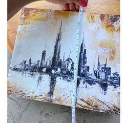 Abstract City Skyline Painting Original Acrylic Canvas Art Black Gold 10×8 Small