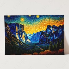 Yosemite Tunnel View as Van Gogh Starry Night Retro Wall Art Poster Print