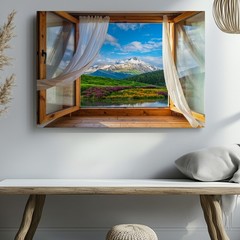 Wall Art Picturesque View From A Large, Open Wooden Window, Framed By Elegant