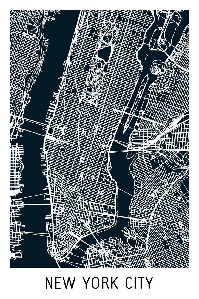 New York City Black Minimalist Art Map Art Poster 24×36